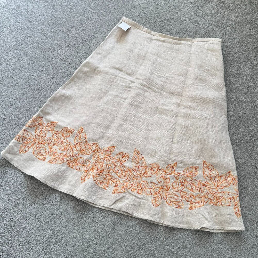 Sigrid Olsen 100% Linen A-Line Skirt Beige Orange Leaves Spring Summer US 4